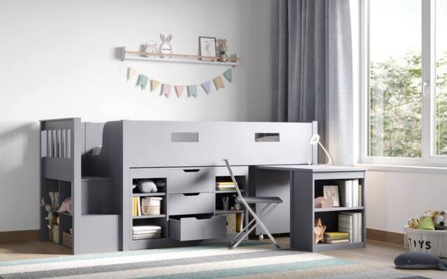 Flair Charlie Staircase Mid Sleeper Cabin Bed with Storage & Desk in Grey - Size: Single - image 1
