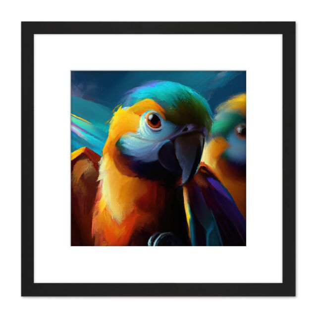 Artery8 Blue & Gold Macaw Parrot Vibrant Colourful Oil Painting Square Wooden Framed Wall Art Print Picture 8X8 Inch in Black - image 1