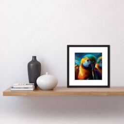 Artery8 Blue & Gold Macaw Parrot Vibrant Colourful Oil Painting Square Wooden Framed Wall Art Print Picture 8X8 Inch in Black - thumbnail 2