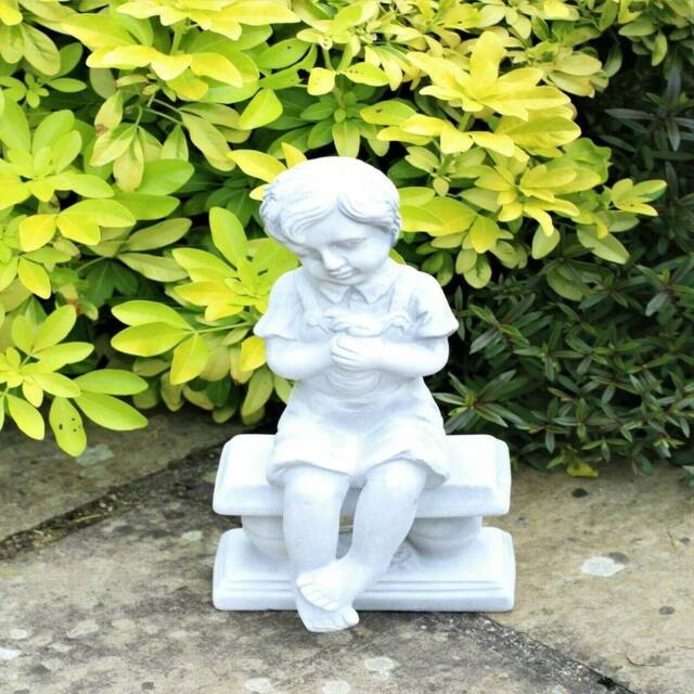 VOGREX White Boy Garden Ornament bench Statue Decorative Patio