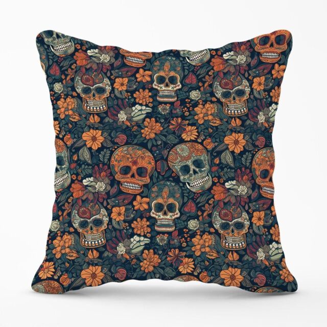 Warren Reed - Designer Dia De Los Muertos Skulls Outdoor Cushion in Orange - Size: 60 cm x 60 cm - image 1