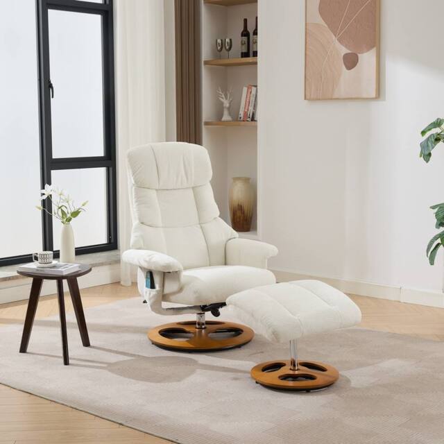Direct Wicker Chenille Upholstered Massage Recliner with Ottoman Footstool in White - Size: 1 Pack