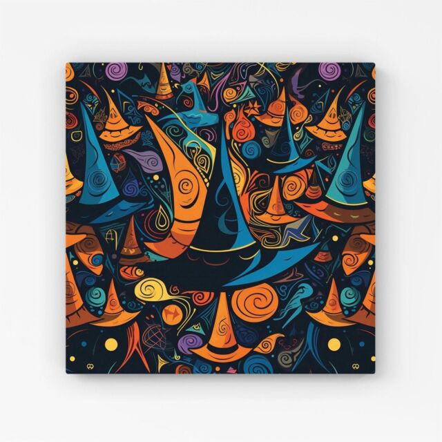 Warren Reed - Designer Imaginative Abstract Witches Hats Canvas in Orange - Size: w40 inch x h40 inch - image 1