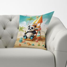 Warren Reed - Designer Happy Panda On A Beach Holiday Cushions in Yellow - Size: 45 cm x 45 cm - thumbnail 2