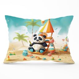 Warren Reed - Designer Happy Panda On A Beach Holiday Cushions in Yellow - Size: 45 cm x 45 cm - thumbnail 1