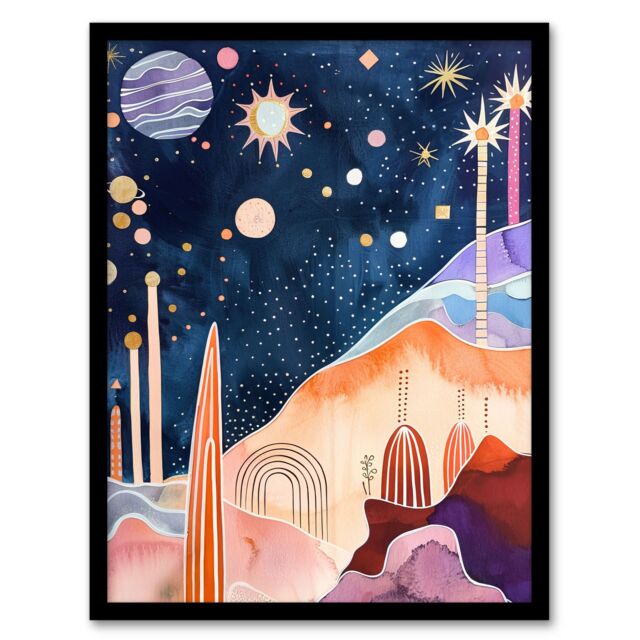 "Artery8 Mid Century Modern Abstract Boho Space Landscape Framed Wall Art - Size: W12"" x H16""" - image 1