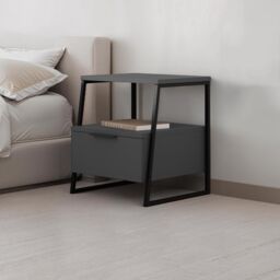 FWStyle Dark Grey 1 Drawer Bedside Table Nightstand Black Metal - thumbnail 1