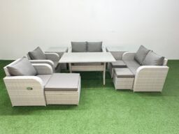 Fimous 9 Seater Outdoor Reclining Chair Love Sofa Set Rattan Garden Furniture Set with Rectangular Dining Table 3 Stools 2 Side Table Light Grey - thumbnail 1