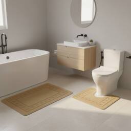 Snug City 2 Piece Box Design Bath Mat Set Soft Absorbent Non-Slip Bathroom Mats in Beige - Size: 50 x 80 cm - thumbnail 1