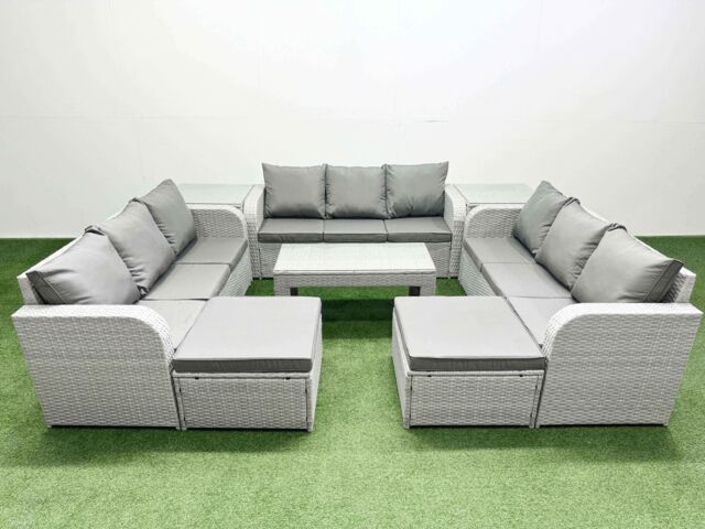 Fimous PE Rattan Lounge Sofa Set 11 Seater Outdoor Garden Furniture Set w/ Oblong Coffee Table 3 Seater Sofa 2 Big Footstools 2 Side Table Light Grey - image 1