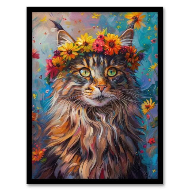 Artery8 Wall Art Print Hippy Maine Coon Cat in Flower Crown Fun Abstract Art Framed Poster in Black - Size: A4 - image 1