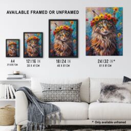 Artery8 Wall Art Print Hippy Maine Coon Cat in Flower Crown Fun Abstract Art Framed Poster in Black - Size: A4 - thumbnail 3