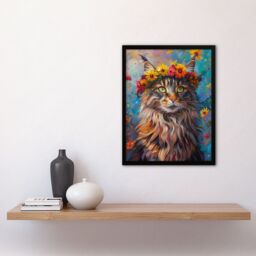 Artery8 Wall Art Print Hippy Maine Coon Cat in Flower Crown Fun Abstract Art Framed Poster in Black - Size: A4 - thumbnail 4