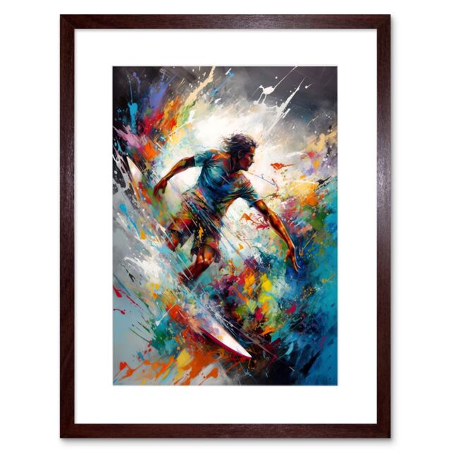 "Artery8 Wall Art Print Surfer Surfing on Rainbow Paint Splat Waves Artwork Framed 9X7 Inch in Brown - Size: W7"" x H9""" - image 1