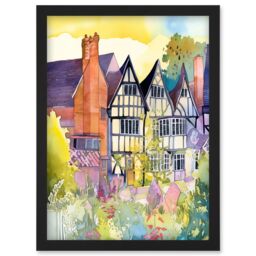 Artery8 Sunrise Over Tudor Houses & Spring Blossoms Modern Watercolour Painting Artwork Framed Wall Art Print A4 in Black - thumbnail 1