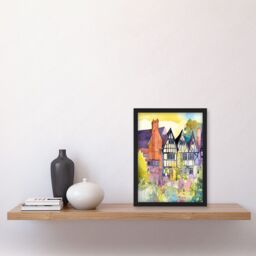 Artery8 Sunrise Over Tudor Houses & Spring Blossoms Modern Watercolour Painting Artwork Framed Wall Art Print A4 in Black - thumbnail 2
