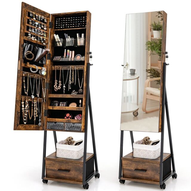 Costway Mobile Mirror Jewelry Cabinet Standing Makeup Organizer Jewelry Armoire w/ Lockable Door in Brown - image 1
