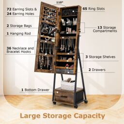 Costway Mobile Mirror Jewelry Cabinet Standing Makeup Organizer Jewelry Armoire w/ Lockable Door in Brown - thumbnail 5