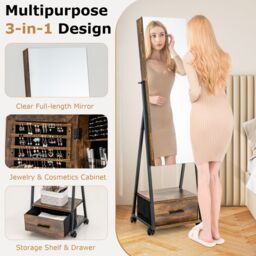 Costway Mobile Mirror Jewelry Cabinet Standing Makeup Organizer Jewelry Armoire w/ Lockable Door in Brown - thumbnail 6