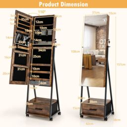 Costway Mobile Mirror Jewelry Cabinet Standing Makeup Organizer Jewelry Armoire w/ Lockable Door in Brown - thumbnail 2