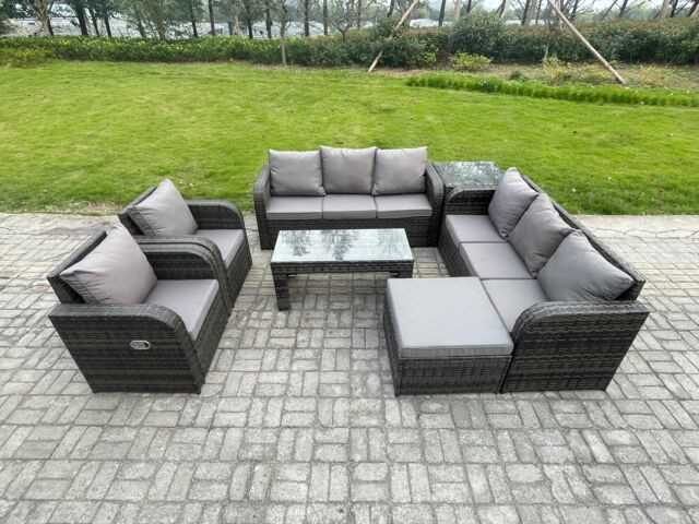 Fimous Wicker PE Rattan Sofa Set Outdoor Patio Garden Furniture with Reclining Chair Coffee Table Side Table Big Footstool Dark Grey Mixed - image 1