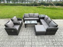 Fimous Wicker PE Rattan Sofa Set Outdoor Patio Garden Furniture with Reclining Chair Coffee Table Side Table Big Footstool Dark Grey Mixed - thumbnail 1