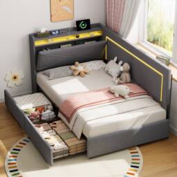 Matteo Single Daybed - Grey Linen, Storage, LED Headboard & USB Charger - thumbnail 2