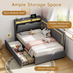 Matteo Single Daybed - Grey Linen, Storage, LED Headboard & USB Charger - thumbnail 6