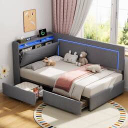 Matteo Single Daybed - Grey Linen, Storage, LED Headboard & USB Charger - thumbnail 3