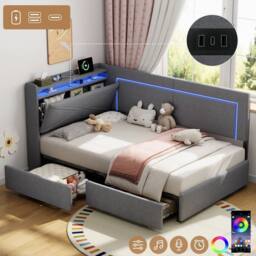Matteo Single Daybed - Grey Linen, Storage, LED Headboard & USB Charger - thumbnail 1
