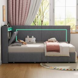 Matteo Single Daybed - Grey Linen, Storage, LED Headboard & USB Charger - thumbnail 5