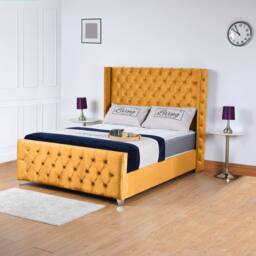 UK Bed Furniture Windsor Wingback Slatted Base Upholstered Bed with 48 Inch Headboard in Mustard - Size: Small Double - thumbnail 1