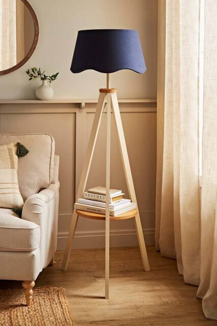 ValueLights Morrigan Painted Cream Tripod Floor Lamp with Scalloped Lamp Shade in Navy - image 1