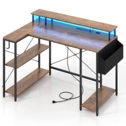 Costway L-Shaped Gaming Desk 120 cm Computer Desk with LED Lights in Brown - thumbnail 1