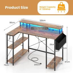 Costway L-Shaped Gaming Desk 120 cm Computer Desk with LED Lights in Brown - thumbnail 2