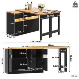 ModernLuxe Extendable bar table with LEDs + 3 doors - MDF - black - thumbnail 7
