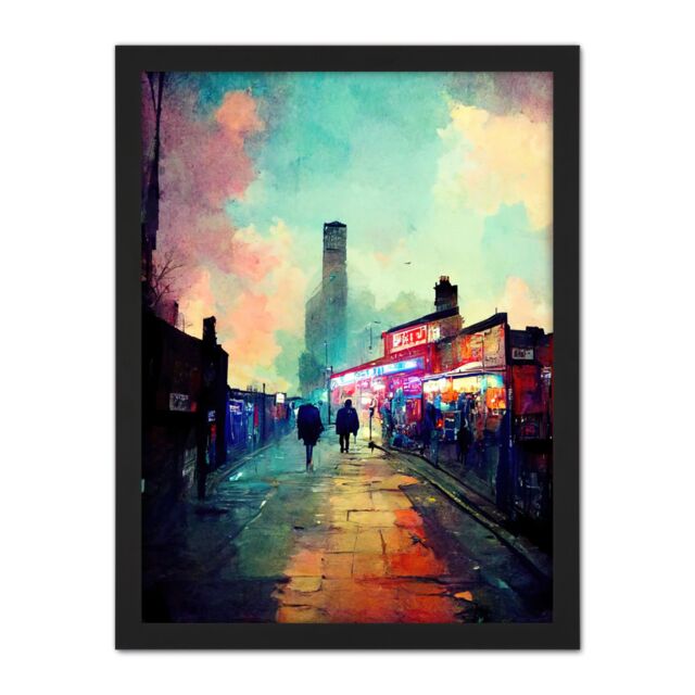 "Artery8 Wall Art Print Brick Lane London 1960's Night Street Scene Oil Painting Large Framed Wall Décor Art in Black - Size: W18"" x H24""" - image 1