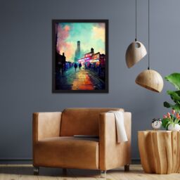 "Artery8 Wall Art Print Brick Lane London 1960's Night Street Scene Oil Painting Large Framed Wall Décor Art in Black - Size: W18"" x H24""" - thumbnail 2