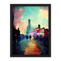 "Artery8 Wall Art Print Brick Lane London 1960's Night Street Scene Oil Painting Large Framed Wall Décor Art in Black - Size: W18"" x H24""" - thumbnail 1