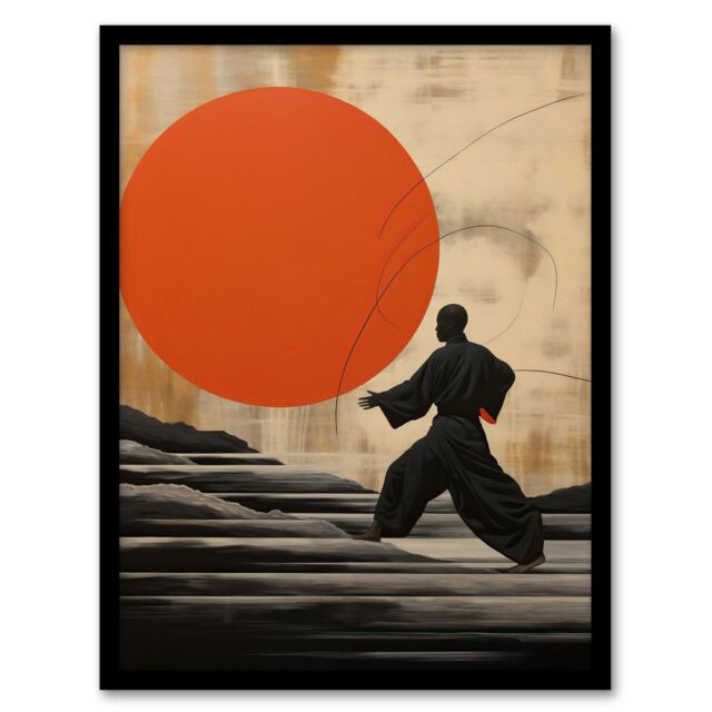 Wee Blue Coo Wall Art Print Qigong Sunset Shaolin Monk Practicing Movement Meditation Exercises Amber Orange Grey Oil Painting Art Framed - image 1