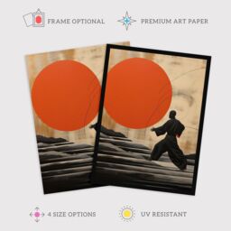 Wee Blue Coo Wall Art Print Qigong Sunset Shaolin Monk Practicing Movement Meditation Exercises Amber Orange Grey Oil Painting Art Framed - thumbnail 2
