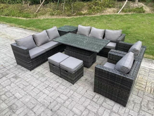 Fimous 10 Seater Outdoor Rattan Adjustable Rising Lifting Side Tables Small Footstools in Dark Grey - image 1