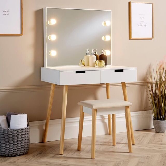 Home Source Dressing Table 2 Drawer Vanity Set Mirror Makeup Desk Padded Stool in White - image 1