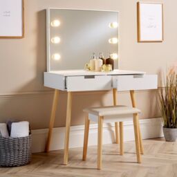 Home Source Dressing Table 2 Drawer Vanity Set Mirror Makeup Desk Padded Stool in White - thumbnail 2