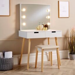 Home Source Dressing Table 2 Drawer Vanity Set Mirror Makeup Desk Padded Stool in White - thumbnail 1