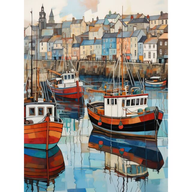 "Artery8 Wall Art Print Newlyn Harbour Trawler Boats Promenade Watercolour Painting Cornwall Coastal Townscape Poster - Size: W24"" x H32""" - image 1
