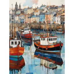 "Artery8 Wall Art Print Newlyn Harbour Trawler Boats Promenade Watercolour Painting Cornwall Coastal Townscape Poster - Size: W24"" x H32""" - thumbnail 1