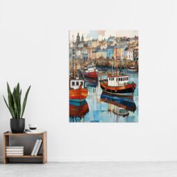 "Artery8 Wall Art Print Newlyn Harbour Trawler Boats Promenade Watercolour Painting Cornwall Coastal Townscape Poster - Size: W24"" x H32""" - thumbnail 2