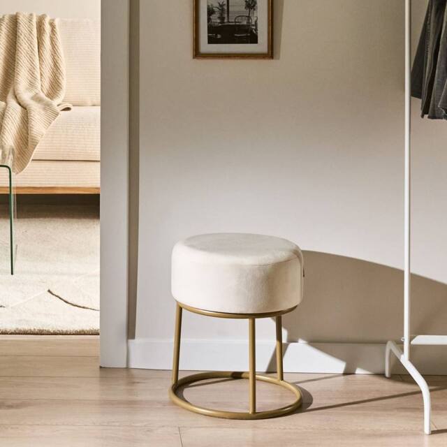 Wyld and Coco Off-White Velvet Footstool with Gold Metal Base in White - image 1
