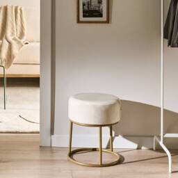 Wyld and Coco Off-White Velvet Footstool with Gold Metal Base in White